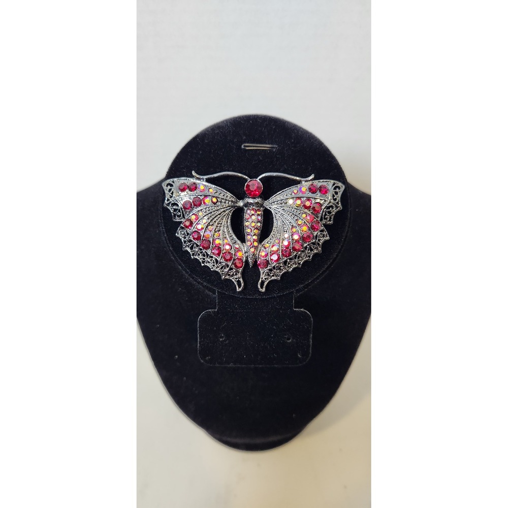 Butterfly Ruby Red Aurora Borealis Rhinestone Brooch Silvertone Statement 3"x2"